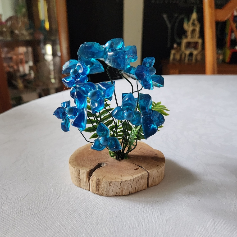 Vintage Blue Lucite Flowers On Wood Base